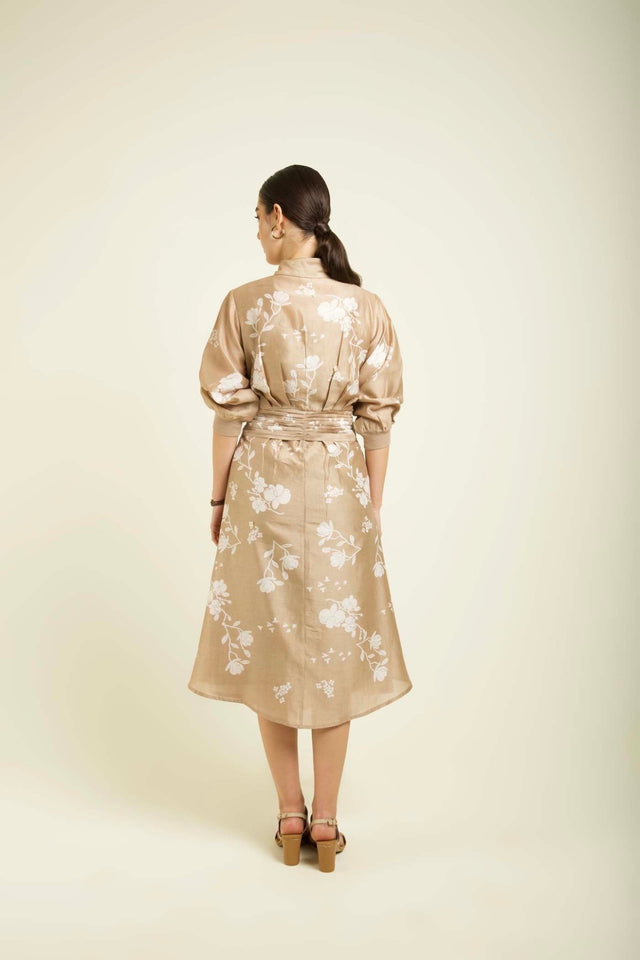 Beige Discharge Print Tie Up Dress In Silk Chanderi With Embroidery Details - Dress - Mizyana