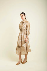 Beige Discharge Print Tie Up Dress In Silk Chanderi With Embroidery Details - Dress - Mizyana