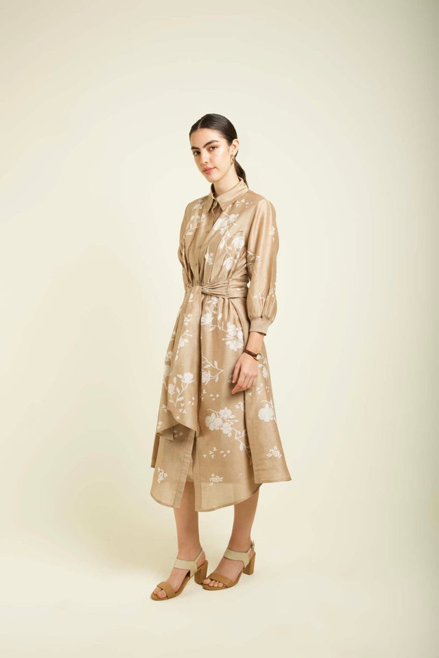 Beige Discharge Print Tie Up Dress In Silk Chanderi With Embroidery Details - Dress - Mizyana