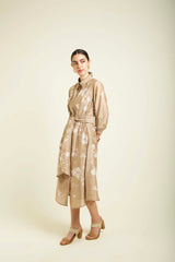 Beige Discharge Print Tie Up Dress In Silk Chanderi With Embroidery Details - Dress - Mizyana