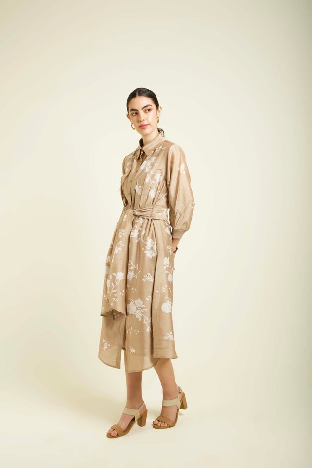 Beige Discharge Print Tie Up Dress In Silk Chanderi With Embroidery Details - Dress - Mizyana