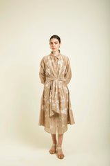 Beige Discharge Print Tie Up Dress In Silk Chanderi With Embroidery Details - Dress - Mizyana