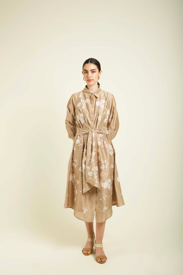 Beige Discharge Print Tie Up Dress In Silk Chanderi With Embroidery Details - Dress - Mizyana