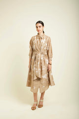 Beige Discharge Print Tie Up Dress In Silk Chanderi With Embroidery Details - Dress - Mizyana