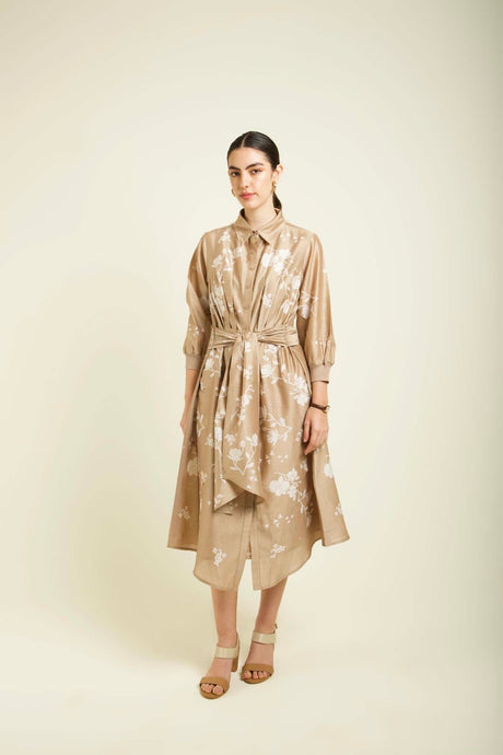 Model wearing the beige Tie Up Dress with shirt collar and front tie waist, full length front view