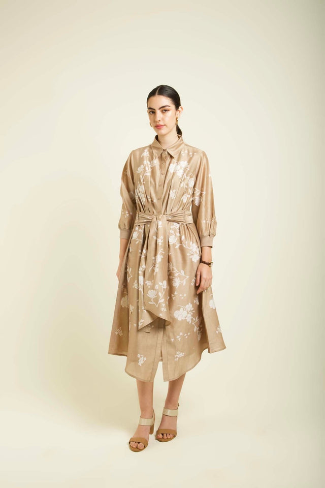 Beige Discharge Print Tie Up Dress In Silk Chanderi With Embroidery Details - Dress - Mizyana
