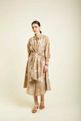 Beige Discharge Print Tie Up Dress In Silk Chanderi With Embroidery Details - Dress - Mizyana