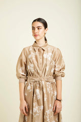Beige Discharge Print Tie Up Dress In Silk Chanderi With Embroidery Details - Dress - Mizyana