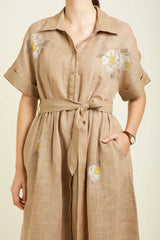 Beige Embroided Drop Shoulder Dress In Gauze Linen - Dress - Mizyana