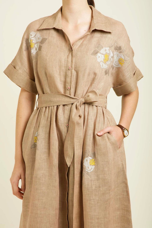 Beige Embroided Drop Shoulder Dress In Gauze Linen - Dress - Mizyana