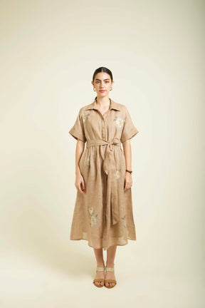 Beige Embroided Drop Shoulder Dress In Gauze Linen - Dress - Mizyana