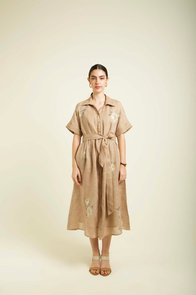 Beige Embroided Drop Shoulder Dress In Gauze Linen - Dress - Mizyana