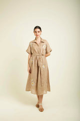 Beige Embroided Drop Shoulder Dress In Gauze Linen - Dress - Mizyana