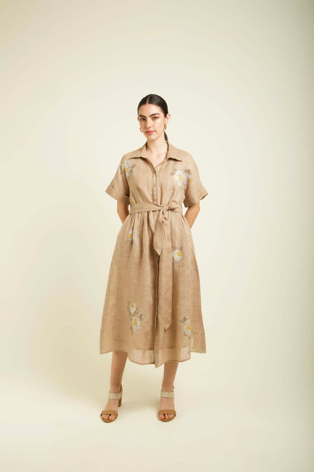Beige Embroided Drop Shoulder Dress In Gauze Linen - Dress - Mizyana