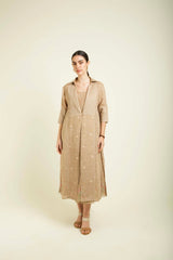 Beige Gauze Linen Jacket With Embroidery And Tier Dress In Mul Chanderi - Two-Piece Set - Mizyana