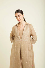 Beige Gauze Linen Jacket With Embroidery And Tier Dress In Mul Chanderi - Two-Piece Set - Mizyana