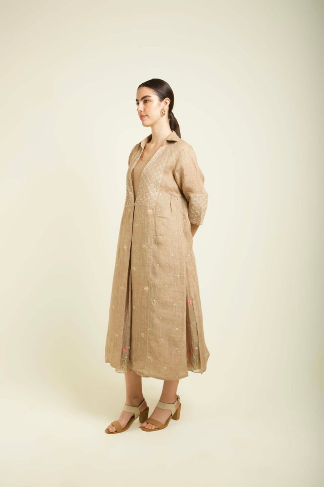 Beige Gauze Linen Jacket With Embroidery And Tier Dress In Mul Chanderi - Two-Piece Set - Mizyana