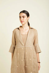 Beige Gauze Linen Jacket With Embroidery And Tier Dress In Mul Chanderi - Two-Piece Set - Mizyana