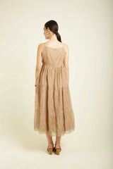 Beige Gauze Linen Jacket With Embroidery And Tier Dress In Mul Chanderi - Two-Piece Set - Mizyana