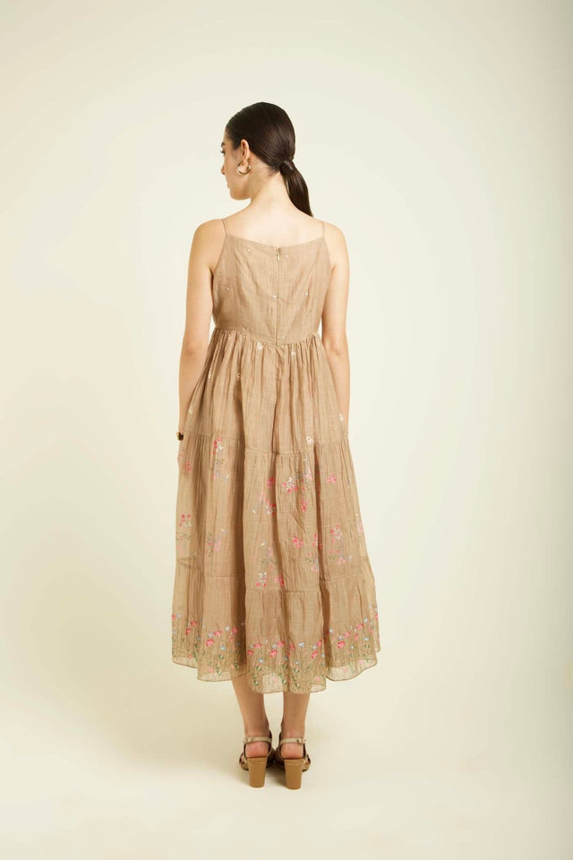 Beige Gauze Linen Jacket With Embroidery And Tier Dress In Mul Chanderi - Two-Piece Set - Mizyana