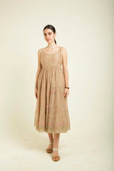 Beige Gauze Linen Jacket With Embroidery And Tier Dress In Mul Chanderi - Two-Piece Set - Mizyana