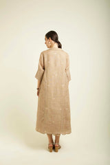 Beige Gauze Linen Jacket With Embroidery And Tier Dress In Mul Chanderi - Two-Piece Set - Mizyana