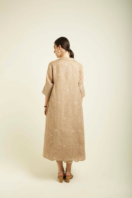 Beige Gauze Linen Jacket and Tier Dress set, full length back view