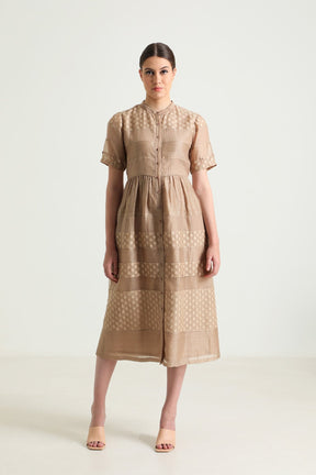 Beige Lace Dress with Embroidery - Dress - Mizyana