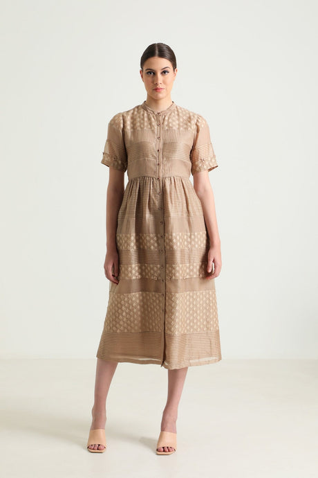 Beige Lace Dress with Embroidery by ARCVSH by Pallavi Singh with band collar and short sleeves, front view