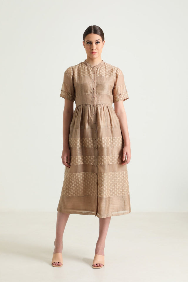 Beige Lace Dress with Embroidery - Dress - Mizyana