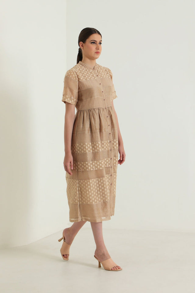 Beige Lace Dress with Embroidery - Dress - Mizyana