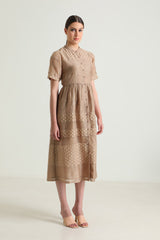Beige Lace Dress with Embroidery - Dress - Mizyana