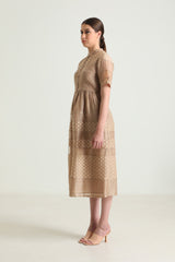 Beige Lace Dress with Embroidery - Dress - Mizyana