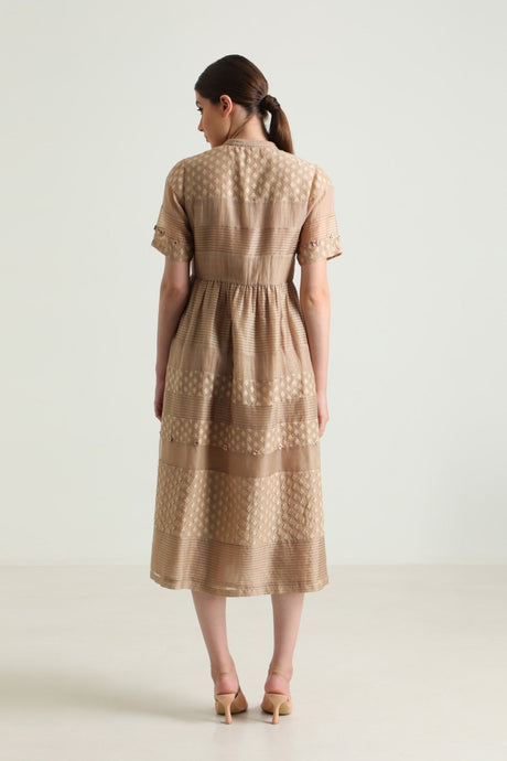 Beige Lace Dress with Embroidery, back view showing gathered waist and lace bands