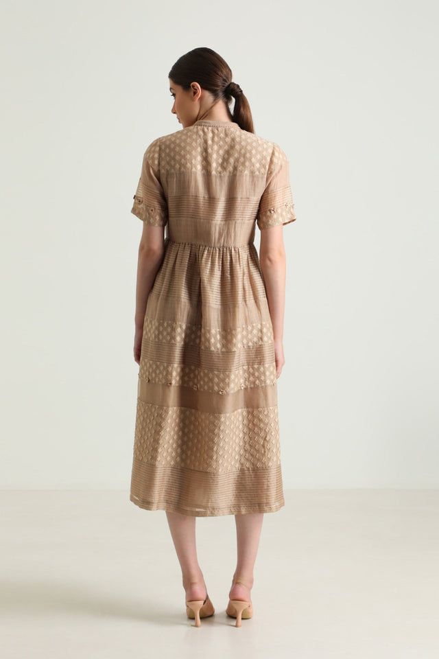 Beige Lace Dress with Embroidery - Dress - Mizyana