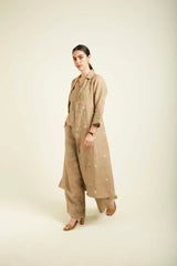 Beige Linen Printed Jacket With Flared Pants And Top In Linen - Two-Piece Set - Mizyana