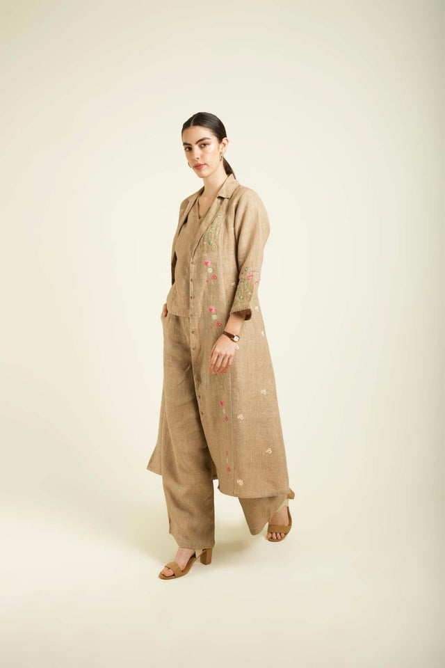 Beige Linen Printed Jacket With Flared Pants And Top In Linen - Two-Piece Set - Mizyana