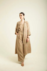 Beige Linen Printed Jacket With Flared Pants And Top In Linen - Two-Piece Set - Mizyana