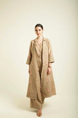 Beige Linen Printed Jacket With Flared Pants And Top In Linen - Two-Piece Set - Mizyana
