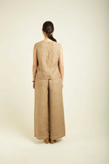 Beige Linen Printed Jacket With Flared Pants And Top In Linen - Two-Piece Set - Mizyana