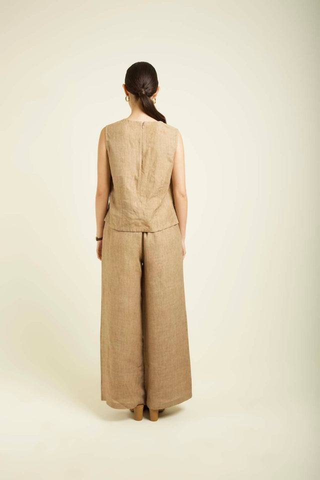 Beige Linen Printed Jacket With Flared Pants And Top In Linen - Two-Piece Set - Mizyana