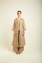 Beige Linen Printed Jacket With Flared Pants And Top In Linen - Two-Piece Set - Mizyana
