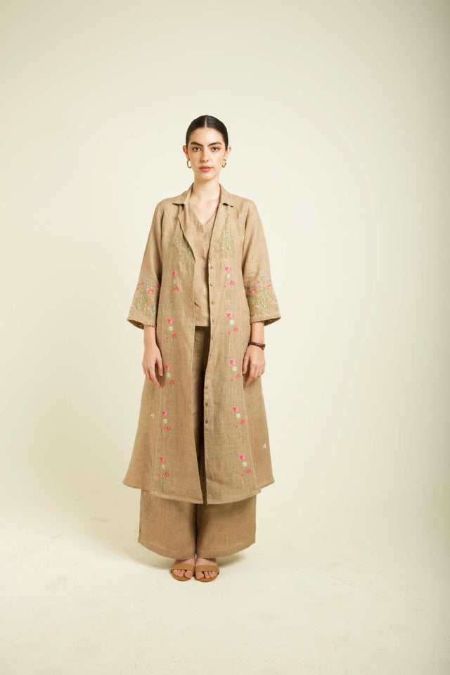 Beige Linen Printed Jacket With Flared Pants And Top In Linen - Two-Piece Set - Mizyana