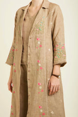 Beige Linen Printed Jacket With Flared Pants And Top In Linen - Two-Piece Set - Mizyana