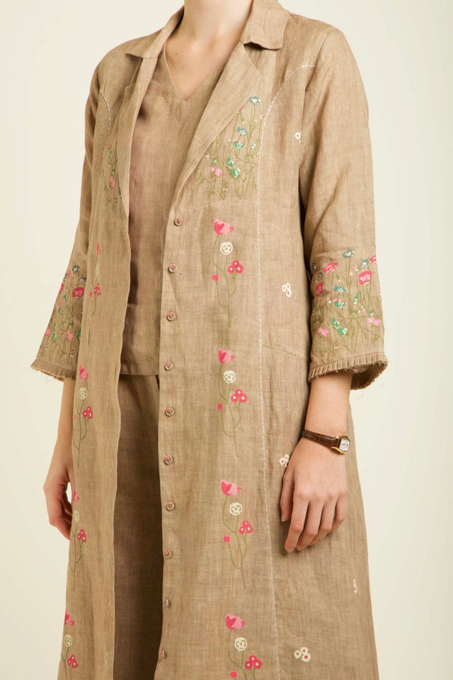 Beige Linen Printed Jacket With Flared Pants And Top In Linen - Two-Piece Set - Mizyana