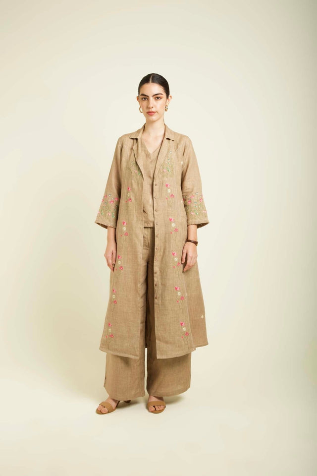 Beige Linen Printed Jacket With Flared Pants And Top In Linen - Two-Piece Set - Mizyana