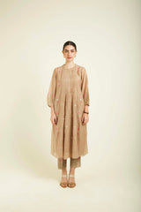 Beige Mul Chanderi Pleated Tunic With Straight Printed Pants In Silk Chanderi - Two-Piece Set - Mizyana