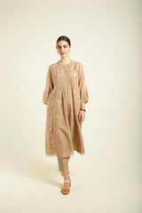Beige Mul Chanderi Pleated Tunic With Straight Printed Pants In Silk Chanderi - Two-Piece Set - Mizyana