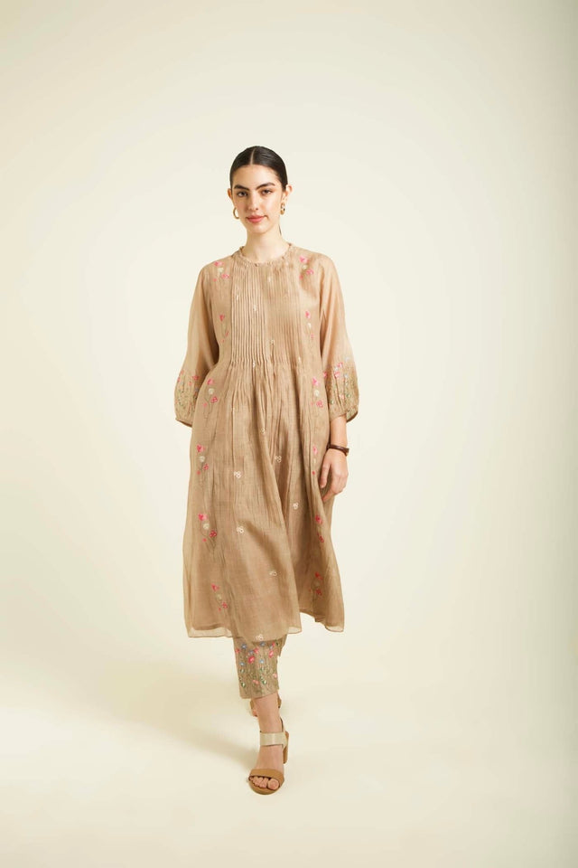Beige Mul Chanderi Pleated Tunic With Straight Printed Pants In Silk Chanderi - Two-Piece Set - Mizyana