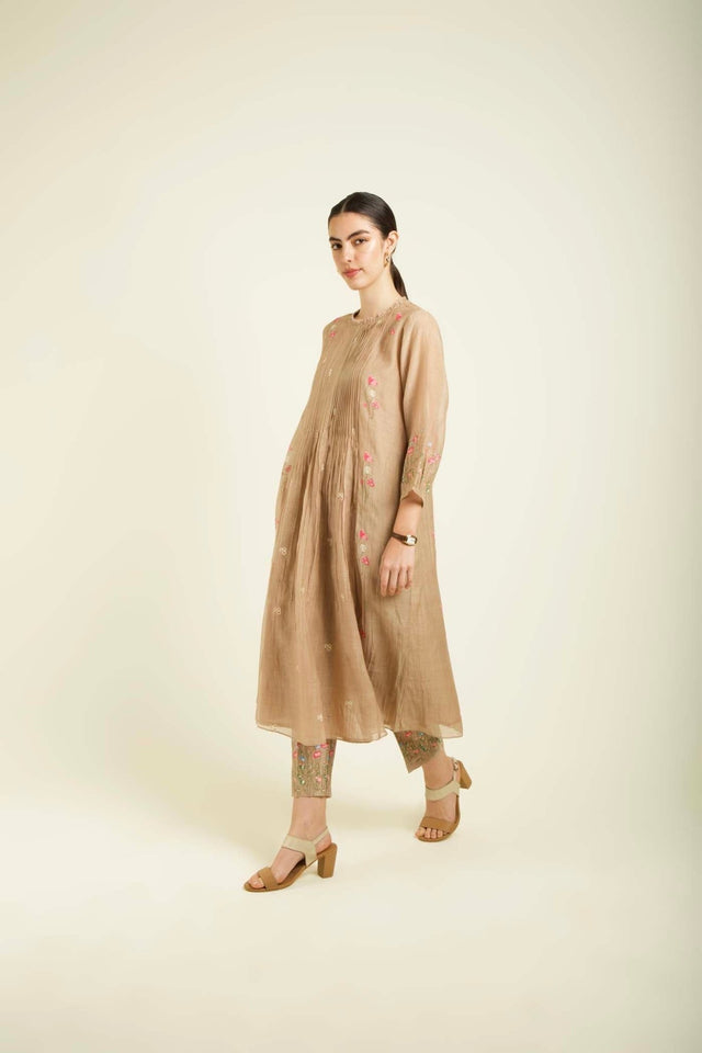 Beige Mul Chanderi Pleated Tunic With Straight Printed Pants In Silk Chanderi - Two-Piece Set - Mizyana